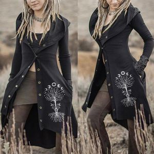 Trench Ladies Retro Tree of Life Print Lonced Sleeved Coated Womens Spring and Autumn Slim Cloak Long Coats