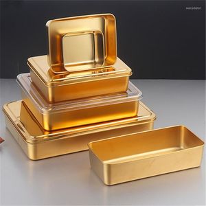 Teller Edelstahl Golden Gold Teller Set Rechteck Aufbewahrung Tiramisu Tablett mit Deckel Deckel Kuchen Brot Backform Service Assiette