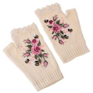 Fünf-Finger-Handschuhe für Frauen, gehäkelt, gestrickt, fingerlos, süß, bunt, mit Blumen, Bienenstickerei, Daumenloch, SMS-Fäustlinge, dehnbarer Arm