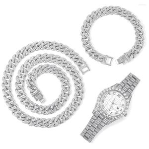 Серьги ожерелья устанавливают хип -хоп 3pcs Kit Heavy Watch Prong Кубинский браслет 13 -мм хрустальный христал.