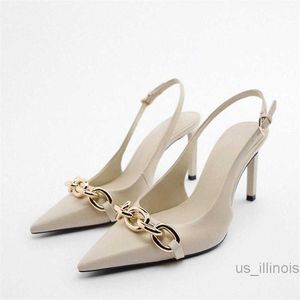 Dress Shoes TRAF 2022 New Spring Heeled Sandal Women Elegant Slingback Heels Casual Thin Heel Opinted Toe Pumps Woman Vintage Chain Pumps