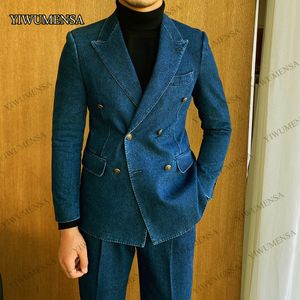 Erkekler Suits Blazers Terzi Yapımı Suits Erkekler Mavi Denim Düğün Smokin Çifte Çifte Ceket Pantolon 2 Parça Damat Blazer Setleri Erkek Moda İş Elbisesi 230503
