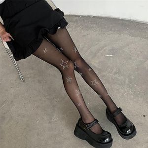 Women Socks Harajuku Star Rhinestone Tights Sexy Transparent Pantyhose Anti-hook Girls Lady Thigh High Stockings Hosiery