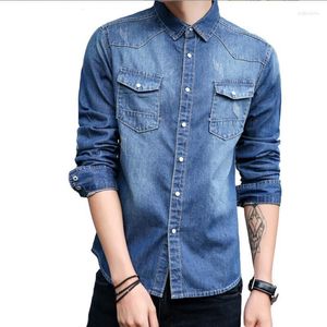 Camisas casuais masculinas 2023 Spring Men's Soft Denim Shirt Business Business Cowboy Cowboy Sleeved Double Pocket Men Jean Slim Top W489