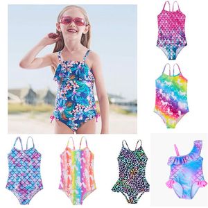 15 styles kids Mermaid leopard floral One-Pieces swimwear girls Swimsuits bodysuit kid bikini ruffle Beach Sport bathing suits226C