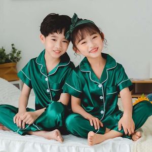 Pajamas Silk for Kids Satin Girls Pyjama Summer Toddler Boy Pijama Set Green Sleepwear Teenager Pyjamas 10 11 12 13 14 Y 230504