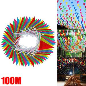 Banner-Flaggen 50 100 M mehrfarbige Dreieck-Wimpelketten-Partei-Girlande für Kindergarten-Hausgarten-Hochzeits-Geschäfts-Straßen-Dekor 230504