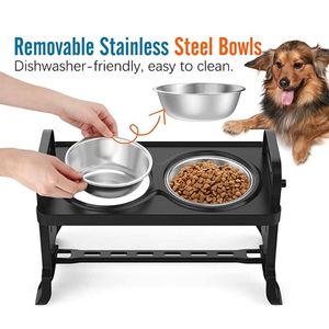 Feeding AntiSlip Elevated Double Dog Bowls Adjustable Height Pet Dish Stainless Steel Foldable Puppy Cat Food Water Feeder Stand Tray