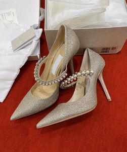 Sommar lyxig brud Bidal Baily Sandals Shoes Platinum Ice Dusty Glitter Pumpar med Crystal och Pearl Strap Wedding Party Dress High Heels EU35-43