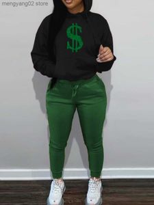 Women's Two Piece Pants LW Pieces Sweatshirt Sets Dollar Sign Print Drawstring Set Long Sleeve O Neck Hoodie Sporty Trousers Suits T230504