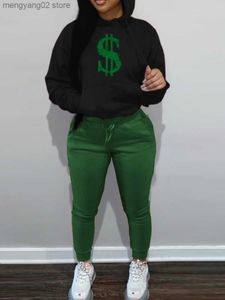 Kvinnors tvåbitar byxor LW -bitar Sweatshirt Set Dollar Sign Print DrawString Set Lång ärm O Neck Hoodie Sporty Trousers Suits T230504