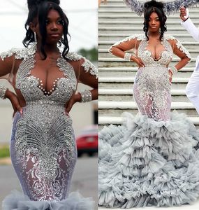 2023 april Aso Ebi Silver Mermaid Prom Dress Beaded Crystals Tulle Evening Formal Party Second Reception födelsedagsengagemang klänningar klädrock de soiree zj664