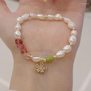 Strand Minar Handmade Clear Pink Green Natural Stone Freshwater Pearl Beaded Bracelet Women CZ Zircon Flower Heart Bracelets