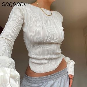 レディースTシャツRuched Long SleeveTシャツ女性クロップトップY2K服秋のカジュアルホワイトスキニーブラックベーシックティーコルセットパロバーTシャツ230503