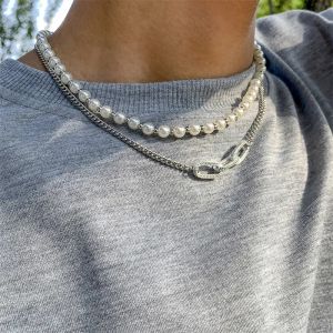 Hip Hop Retro Imitation Pearl Choker Halsband för kvinnor män mode geometrisk metall multi lager kedja krage halsband
