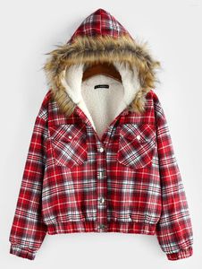 Kvinnorjackor Zaful Plaid Drop Shoulder Pocket Teddy fodrad Parka Coat Women Knapp upp Faux Fur Jacket för Autumn Winter Hoodie Outwear