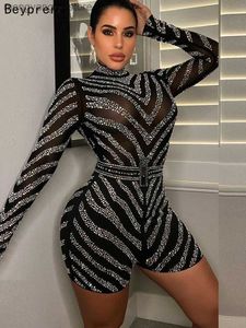 Women's Jumpsuits Rompers Sparkle Black Silver Rhinestones Sheer Jumpsuits Summer Glam Long Sleeve Mesh Crystal Romper Nightclub Outfits Clubwear T230504