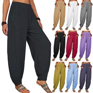 Women's Pants Capris Women Harem Pants Summer Casual Vintage Cotton Linen Pants Elastic Waist Wide Leg Fashion Loose Pockets Female Trousers S-5XL 230503