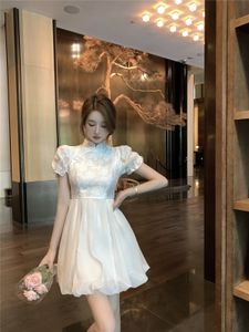 Women's stand collar cheongsam casual dresses puff short sleeve lace flower embroidery high waist gauze fabric short dresses SMLXL