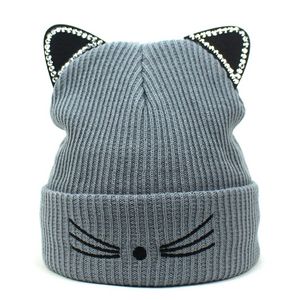 Fashion Cat Ear Knitting Beanie Skull Cap For Women Rhinestone Inlay Braided Winter Keep Warm Girl Casual Crochet Caps HCS327