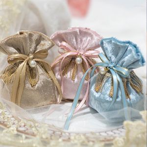 Confezione regalo Borsa per caramelle nuziali in velluto di lusso Custodia di fascia alta per scatole per battesimo con confetto per gioielli con perla