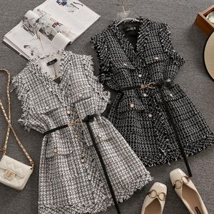 Waistcoats Women Luxurious Vintage Elegant Tweed Jacka Vest Waistcoat Sticked Vest med Belt ärmlös överdimensionerad jacka Veste Ny