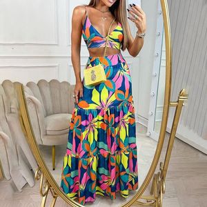 Two Piece Dress Ladies Summer Print VNeck Sling Elegant Long Fashion Boho Short Top and Skirt Womens 230504