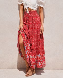 Saias happie Queens feminino Red Floral Print Beach Bohemian Salia alta cintura elástica Rayon algodão boho maxi saias femme 230503