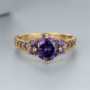 Bandringar Dainty Female Purple Crystal Stone Ring Charm Gold Color in Wedding Rings for Women Luxury Round Zircon Engagement Smycken