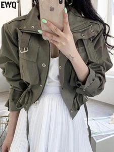 Damenjacken EWQ Koreanische Reißverschlusstasche Kordelzug Frauen Safari-Stil Jacke Frühling Herbst Streetwear Langarmjacken Y6127 230504