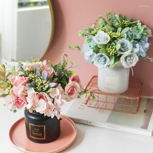Dekorative Blumen Tischdekoration künstliche Wohnkultur Blütentopf Set im europäischen Stil Rosenstrauß Hochzeit Blümchen