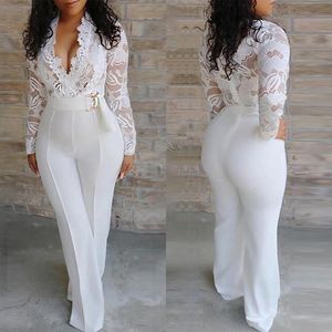 Women's Jumpsuits Rompers White Jumpsuit Women Lace Stitching Long Sleeve V-neck Wide Leg Long Pants Office Lady Jumpsuits for Women 230504