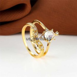 Bandringar White Zircon Water Drop Crown Rings Dainty Gold Color Wedding Ring Set Pear Cut Moonstone Engagement Ring Set for Women Jewelry