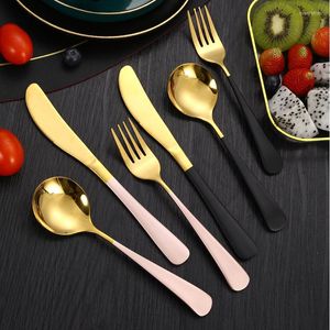 Dinnerware Sets Flat Stainless Steel Cutlery Set Round Head Spoon Steak Knife Salad Fork Complete Travel Tableware Utensils For Kitchen