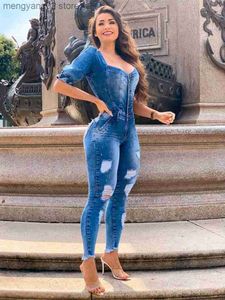 Women's Jumpsuits Rompers Vintage Denim Jumpsuits for Women 2023 Spring Summer Clothing Short Sleeve Button Up Long Rompers Casual Jeans Jumpsuit Overalls T230504