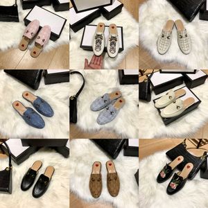 2024 Designer Princetown Famoso Chinelos Couro Genuíno Mulas Mulheres Mocassins Corrente de Metal Confortável Sapato Casual Lace Veludo Tweed Xadrez Jacquard Slipper