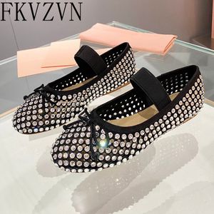 Dress Shoes Fashion Mesh Crystals Flats One Belt Bowtie Ladies Rhinestones Mule Outwear Black Leather For Women 230503