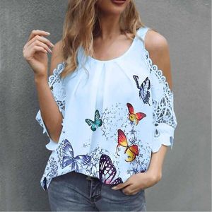 Kvinnors blusar 2023 Fashion Blus Summer Off the Shoulder Tops Women Casual Loose Spets Sleeve Woman Fjäril