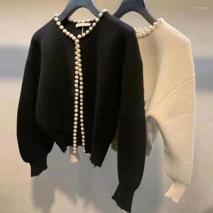 Women's Knits Spring 2023 Handmade Pearl Beading Knitted Cardigan Women Small Fragrance French Outwear