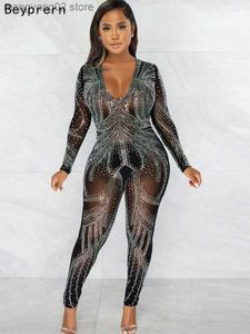 Kvinnors jumpsuits rompers gnistrande svarta silver strass v hals ren jumpsuits kvinnor glitter långärmad mesh crystal romper nattklubb kläder t230504