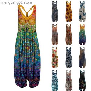 Kvinnors jumpsuits Rompers S-5XL Ethnic Style Jumpsuit Rompers Women Sleeveless Long Harem Jumpsuit Women Summer Sexy Sling Wide Leg Jumpsuits Casualboho T230504