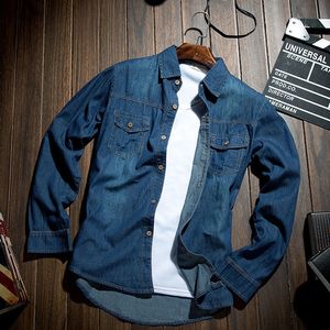 Мужские повседневные рубашки Fashion Classic Retro Jeans Room с карманными тонкими топами мужская одежда для весенней мужской джинсовой рубашка с длинным рукавом синий my850 230504
