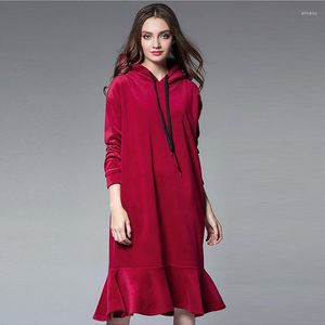 Casual Dresses Winter Large Size Ladies' Warm Dress Loose Ruffles Hooded Long Sleeve Slim Joint Fishtail Plus-size XL To 4XL