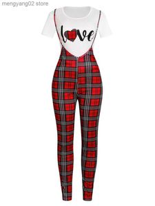 Zweiteilige Damenhose LW Women Love Plaid Letter Print Overall Set Kurzarmhemd + Etui-Overall Passende Outfits T230504