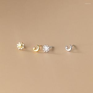 Stud Earrings 925 Sterling Silver Golden Sun Moon Women's 2023 Trend Mini Small For Teens Girl Jewelry Korean Funny