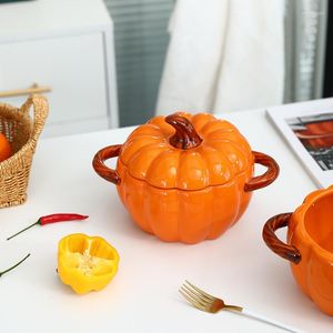 Bowls Ceramic Soup Bowl With Lid Stew Pot Baby Porridge Creative Pumpkin Shape Binaural Baking Fruit Dessert Container