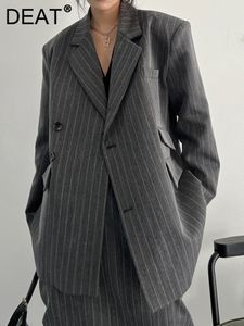 Ternos femininos Blazers Deat moda Moda entalhada em colarinho emendado fivela diagonal listrada blazer solto cintura alta saia cinza primavera 2023 17a554h 230504