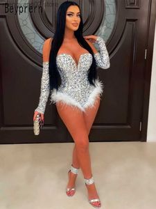 Women's Jumpsuits Rompers Glitter Rough Diamond Sequin Bodysuit Women Rompers Chic Sexy Off Shoulder Feather Sequins Jumpsuits Birthday Outfits T230504