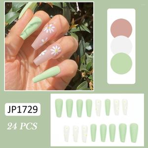 Unghie finte 24 pezzi verde smerigliato lungo fresco piccolo fiore unghie finte per donna ragazza stile francese copertura completa adesivo SAL99
