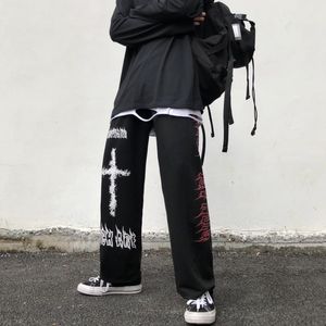 Calça masculina gótica homem japonês streetwear reto casual harajuku high street wide perna graffiti punk hip hop calças 230428